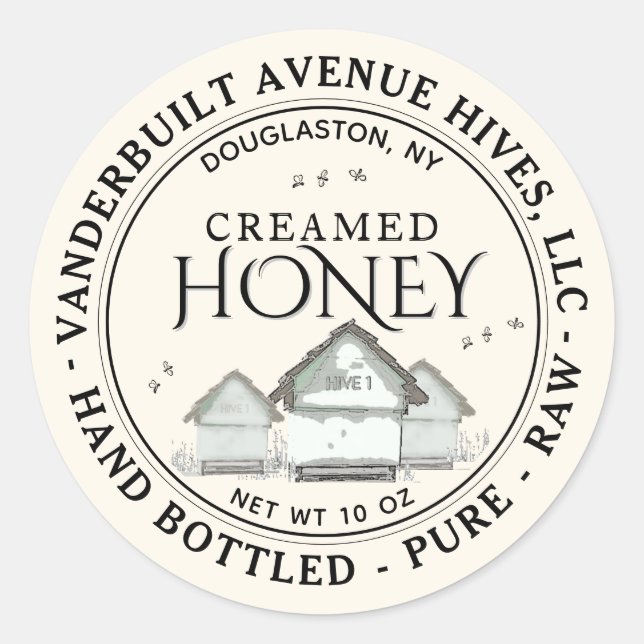 Drei kleine Hives CREAMED Honey Hand Flaschen Roh Runder Aufkleber (Vorderseite)