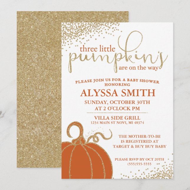 Drei kleine Pumpkins Fall Baby Dusche Einladung (Vorne/Hinten)