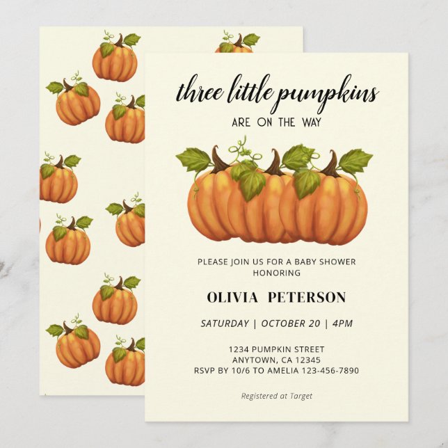 Drei kleine Pumpkins Triplets Fall Baby Dusche Einladung (Vorne/Hinten)