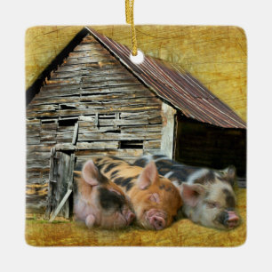 Drei kleine Schweine im rustikalen Stall schnarche Keramikornament