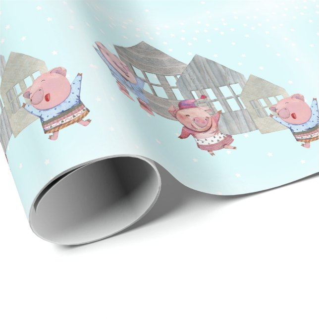 Drei kleine Schweine mit ihren Häusern Geschenkpapier (Rolleneckpunkt)