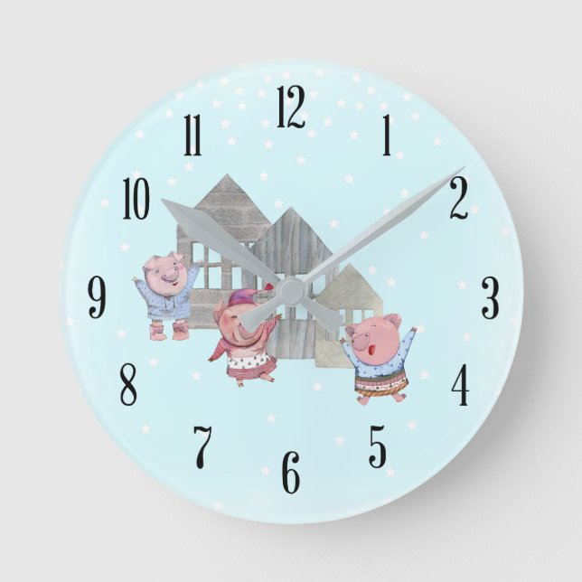 Drei kleine Schweine mit ihren Häusern Runde Wanduhr (Vorderseite)