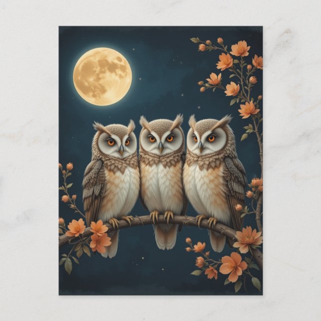 Drei kluge Owls auf einem Zweig unter Vollmond Postkarte (Vorderseite)