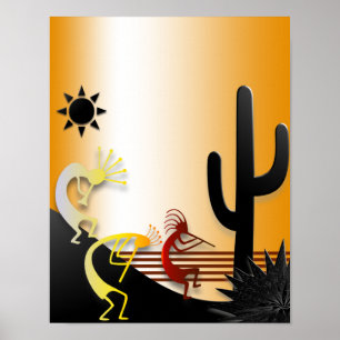 Drei Kokopellis und ein Kaktus Poster