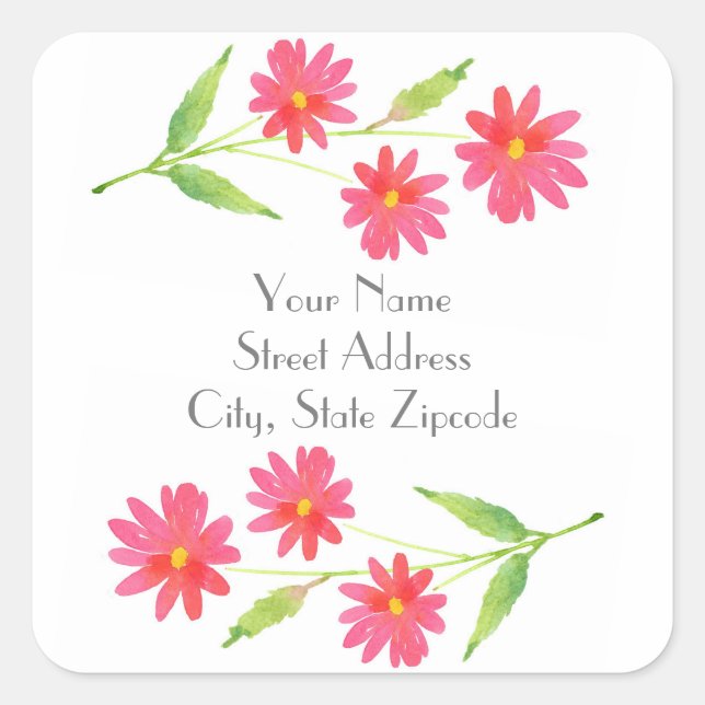 Drei korallenrosa Aquarellfarben Daisy Labels Quadratischer Aufkleber (Vorderseite)