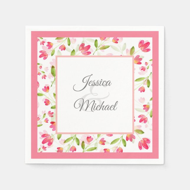 Drei Korallenrosa Wasserfarben-Blume Muster Serviette (Vorderseite)