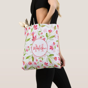 Drei korallenrosa Wasserfarben-Blumenstiele-Muster Tasche