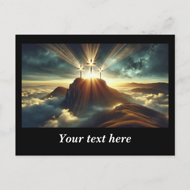 Drei Kreuze in einer Himmlischen Landschaft Postkarte (Vorderseite)