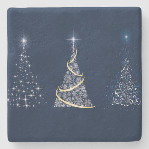 Drei Kunst-Weihnachtsbäume auf Blau Steinuntersetzer