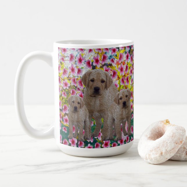 Drei Labrador Welpen Öl gestrichen, Kaffeetasse (Mit Donut)