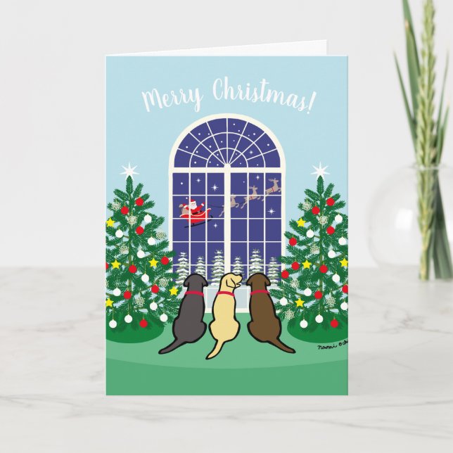 Drei Labradoren und Weihnachtsmann Feiertagskarte (Vorderseite)