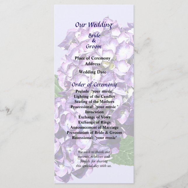 Drei Lila Hydrangea-Cluster-Hochzeitsprogramm Programm (Vorderseite)