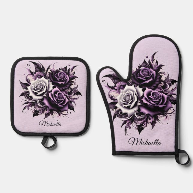 Drei Lila Rose Ofenhandschuh & Topflappen-Set (Vorderseite)