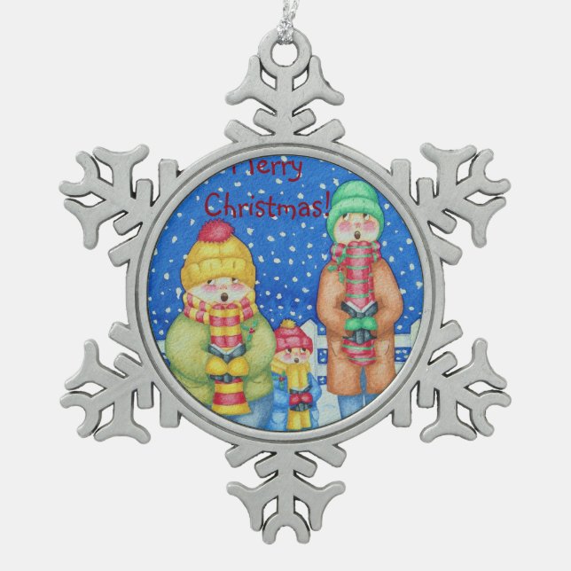 drei lustige Carolsänger Schneeszene Schneeflocken Zinn-Ornament (Vorderseite)