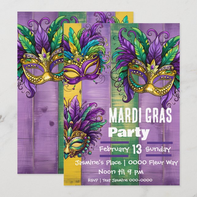 Drei Mardi-Gras-Masken in Lila goldgrün Einladung (Vorne/Hinten)