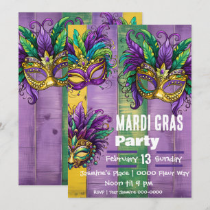 Drei Mardi-Gras-Masken in Lila goldgrün Einladung
