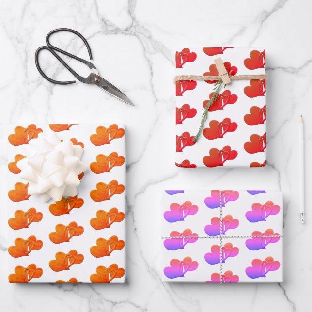 Drei miteinander verbundene Herzmuster über Weiß Geschenkpapier Set (Vorderseite)