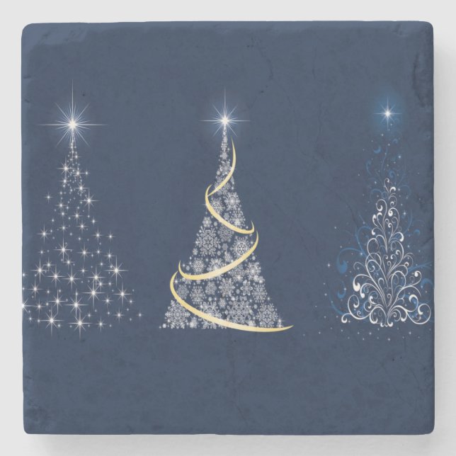 Drei moderne Art Weihnachtsbaumen auf Blue Steinuntersetzer (Vorderseite)