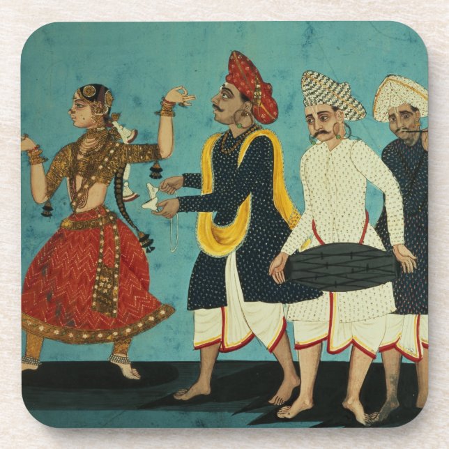Drei Musiker und eine Tänzerin, Tanjore, Tamil Untersetzer (Vorderseite)