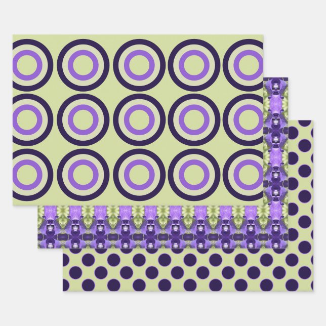 Drei Muster in Mauve Lila und grün Geschenkpapier Set (Set)