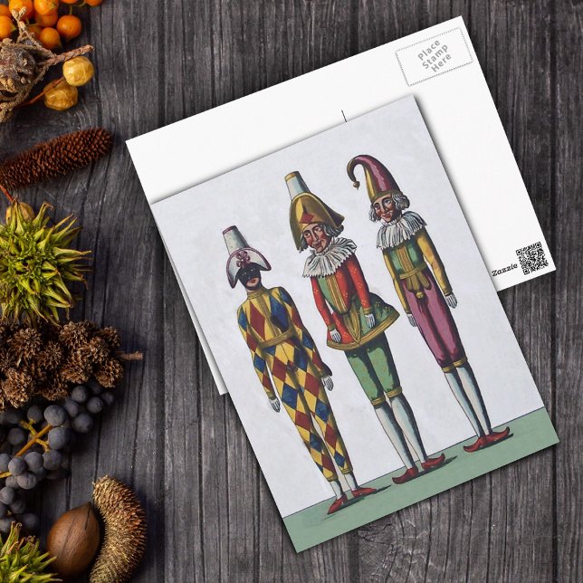 Drei Narren Postkarte (Three jester dolls in colourful clown outfits on grey postcard.)