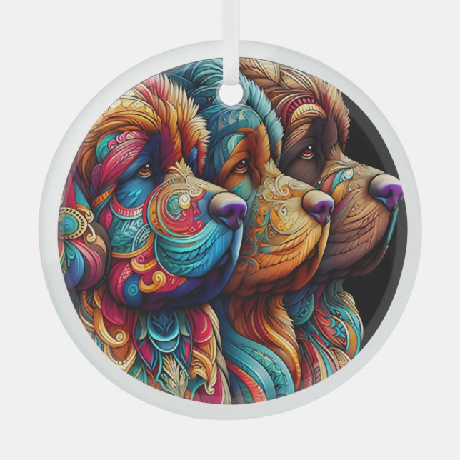 Drei Newf Heads Circle Glass Ornament (Vorderseite)