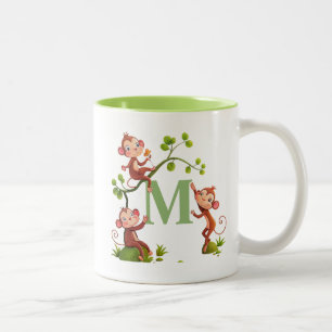 Drei niedliche Affen und grüne Monogramm-Tasse Zweifarbige Tasse