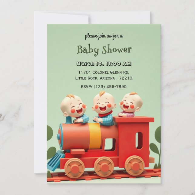 Drei Niedliche Babys auf Train Baby Duschkarte Einladung (Vorderseite)