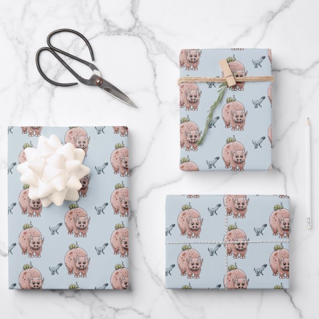 Drei Niedliche Fantasy-Dinosaurier Geschenkpapier Set (Vorderseite)