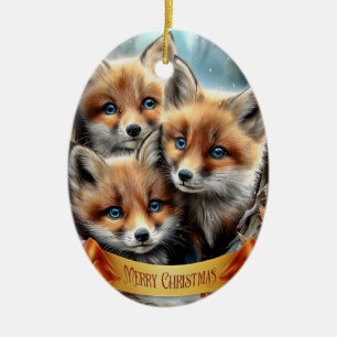 Drei niedliche Fuchswelpen im Wald Keramik Ornament