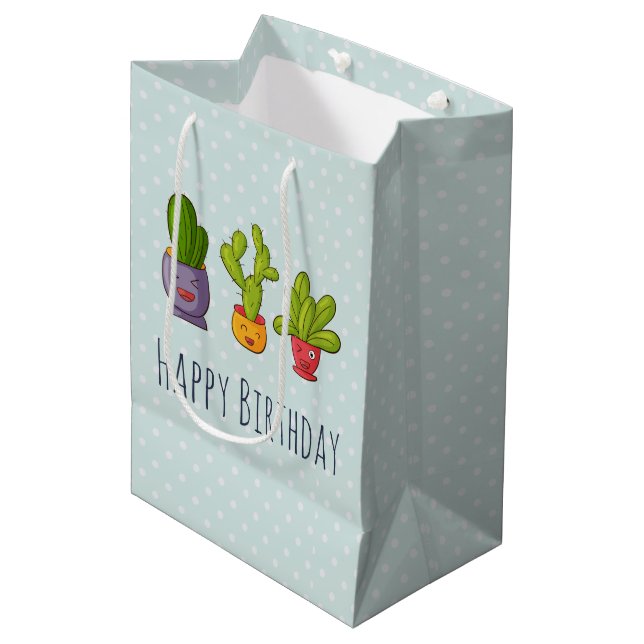 Drei Niedliche Kakteen in Blume Pots Fun Illustrat Mittlere Geschenktüte (Vorderseite Schrägansicht)
