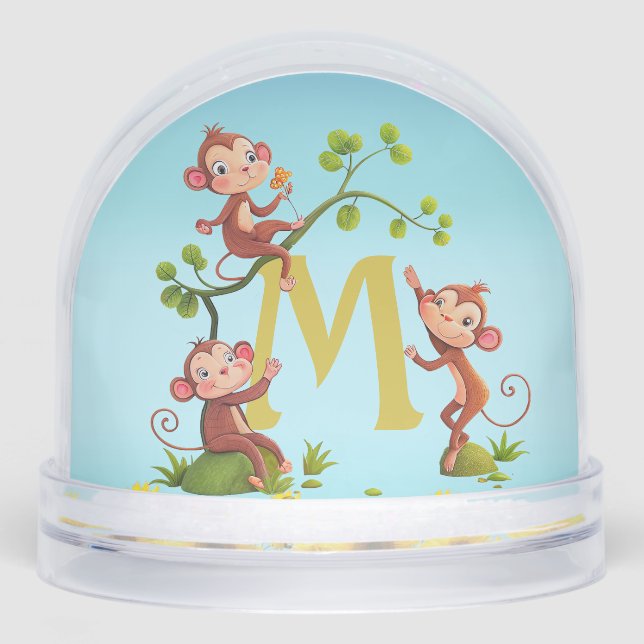 Drei Niedliche Lucky Affen und Monogramm Schneekugeln (Vorderseite)