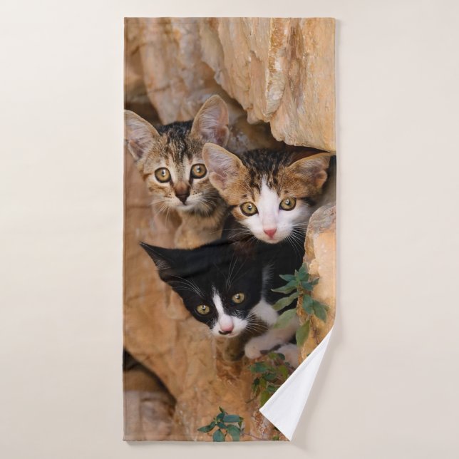 Drei Niedliche Neugierige Katzen Kätzchen Faces Fu Badhandtuch Set (Badehandtuch)