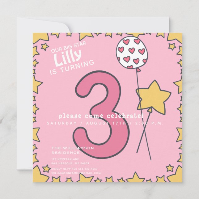 Drei - Niedliche rosa und gelbe Kinder 3. Geburtst Einladung (Vorderseite)
