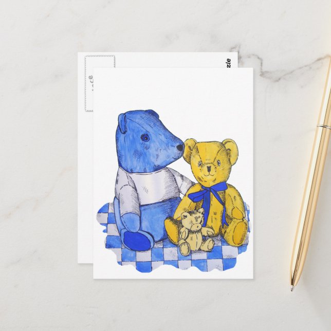 drei niedliche Teddies über Picknicktuch-Originalk Postkarte (Vorderseite/Rückseite Beispiel)