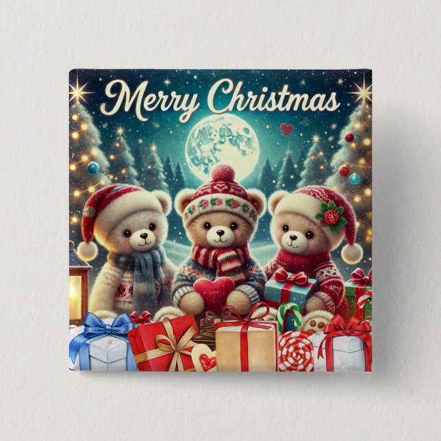Drei Niedliche Teddy Bears Frohe Weihnachten Button (Vorderseite)