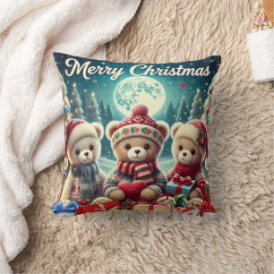 Drei Niedliche Teddy Bears Frohe Weihnachten Kissen