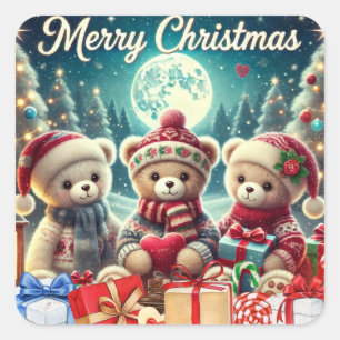 Drei Niedliche Teddy Bears Frohe Weihnachten Quadratischer Aufkleber
