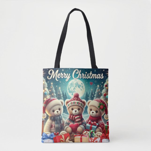 Drei Niedliche Teddy Bears Frohe Weihnachten Tasche (Vorderseite)
