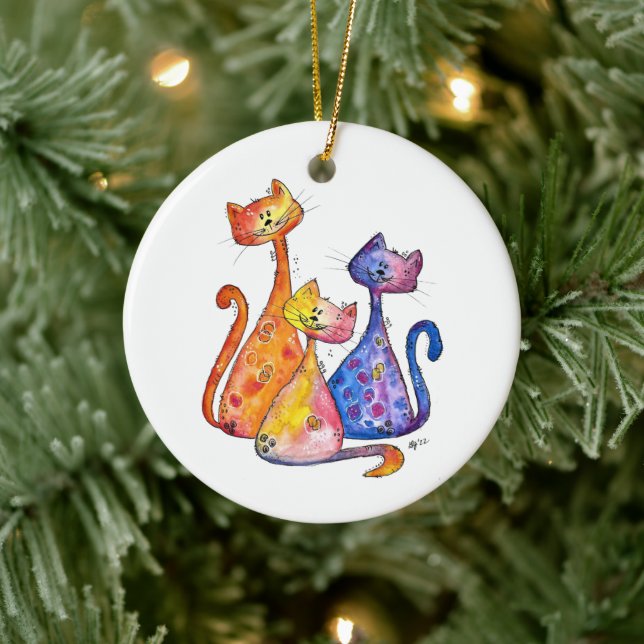 Drei Niedliche und farbige Katzen Keramik Ornament (Baum)