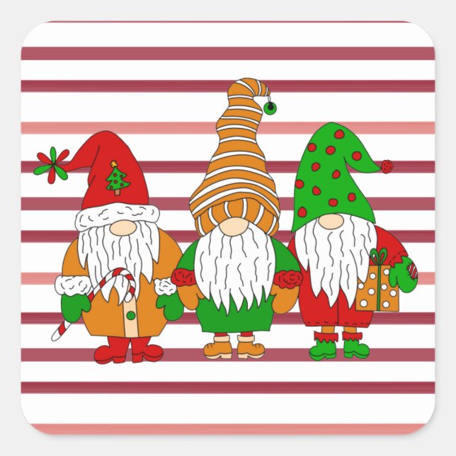 Drei niedliche Weihnachtsgnomen Feiertag Quadratischer Aufkleber (Vorderseite)