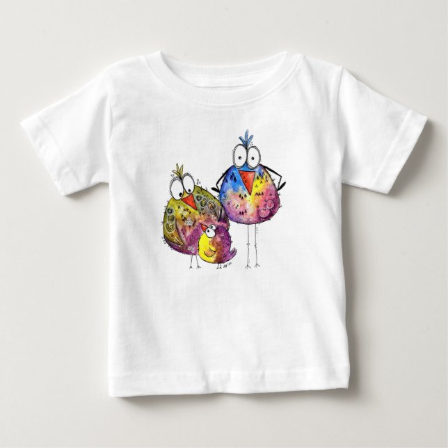 Drei Niedliche Whimsikfarbene Vögel Baby T-shirt (Vorderseite)