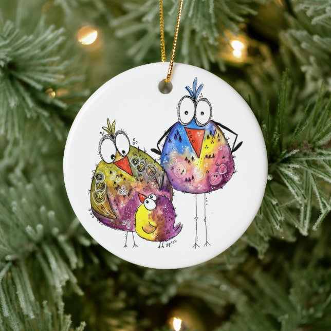 Drei Niedliche Whimsikfarbene Vögel Keramik Ornament (Baum)