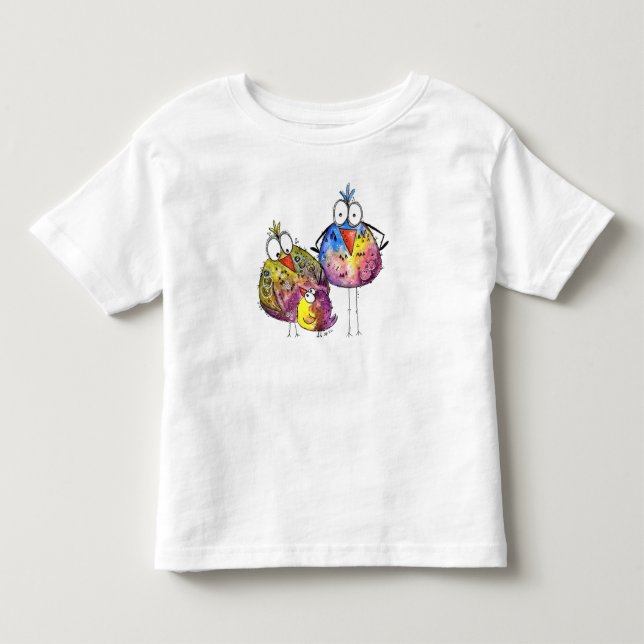 Drei Niedliche Whimsikfarbene Vögel Kleinkind T-shirt (Vorderseite)