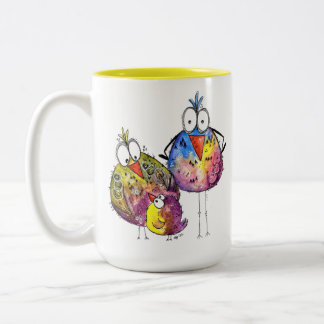 Drei Niedliche Whimsikfarbene Vögel Zweifarbige Tasse