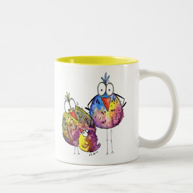 Drei Niedliche Whimsikfarbene Vögel Zweifarbige Tasse (Rechts)