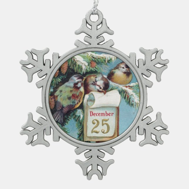 Drei niedliche Winter-Vögel am 25. Dezember Schneeflocken Zinn-Ornament (Vorderseite)