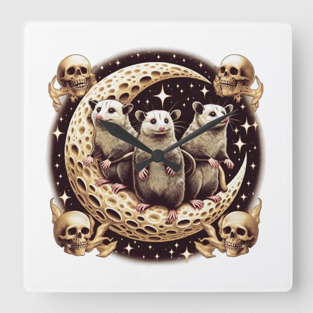 Drei Opposum-Mond mit 3 Possummen und Totenmond Quadratische Wanduhr (Vorderseite)