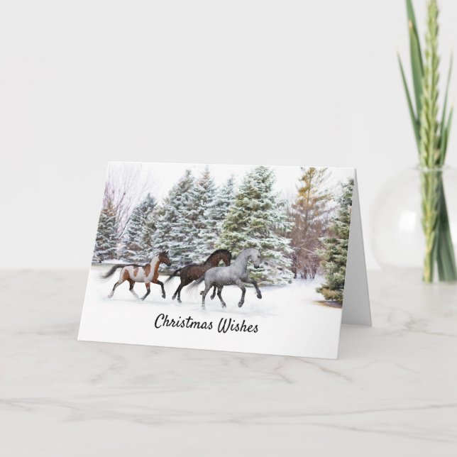 Drei Pferde galoppieren im Schnee Weihnachtskarte Dankeskarte (Vorderseite)