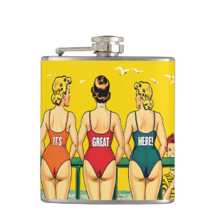 Drei Pin-up-Girls von hinten, Strand Humor, Lustig Flachmann
